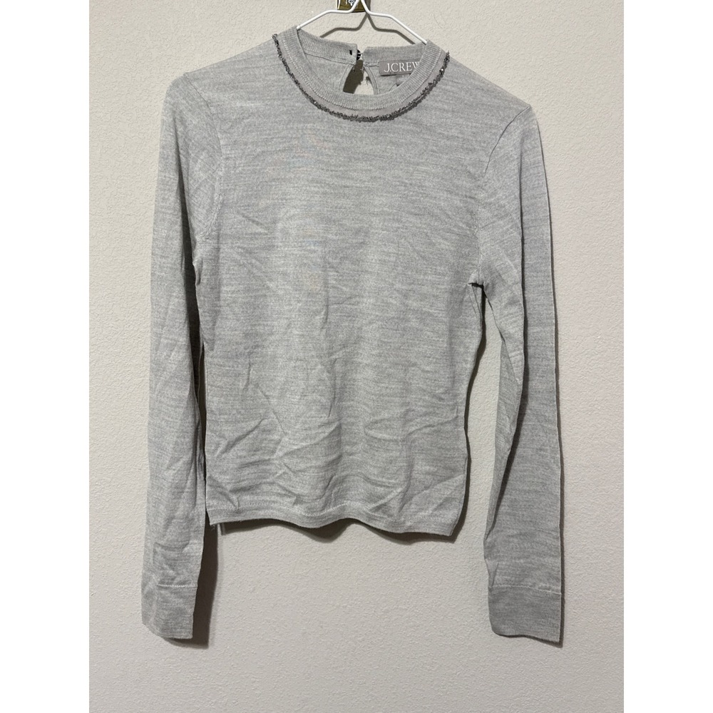 J.Crew Merino Wool Sweater Womens S Gray Sequin Mock Neck Fitted Long Sleeve